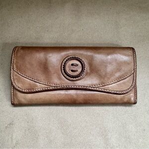 Fossil Soft Brown Leather Wallet with Button Detail. 7.5” by 4” by 1”